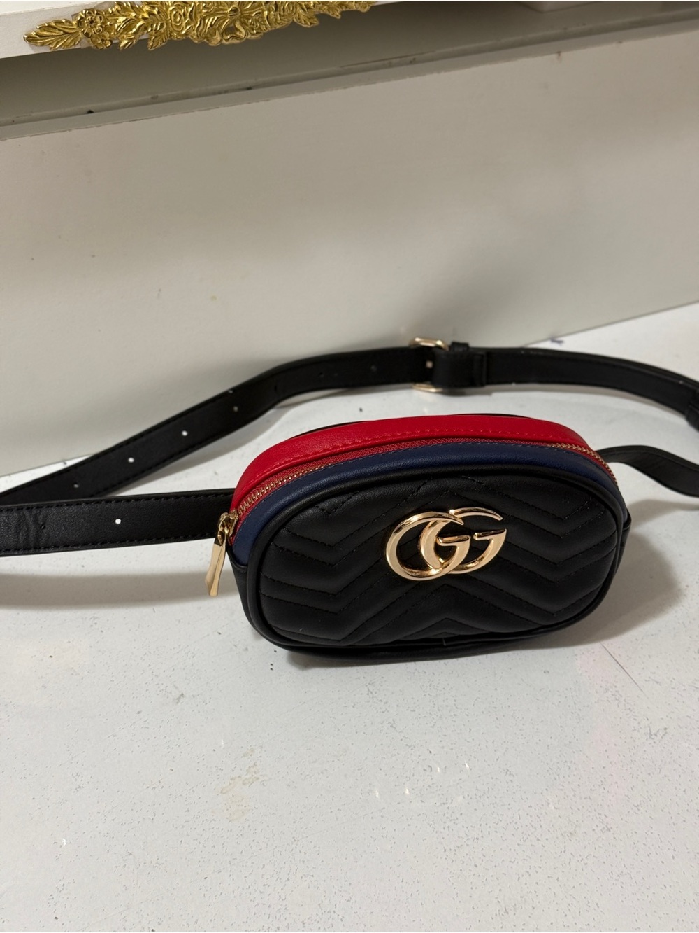 Black Quilted Belt Bag with Red and Blue Trim - GG Logo